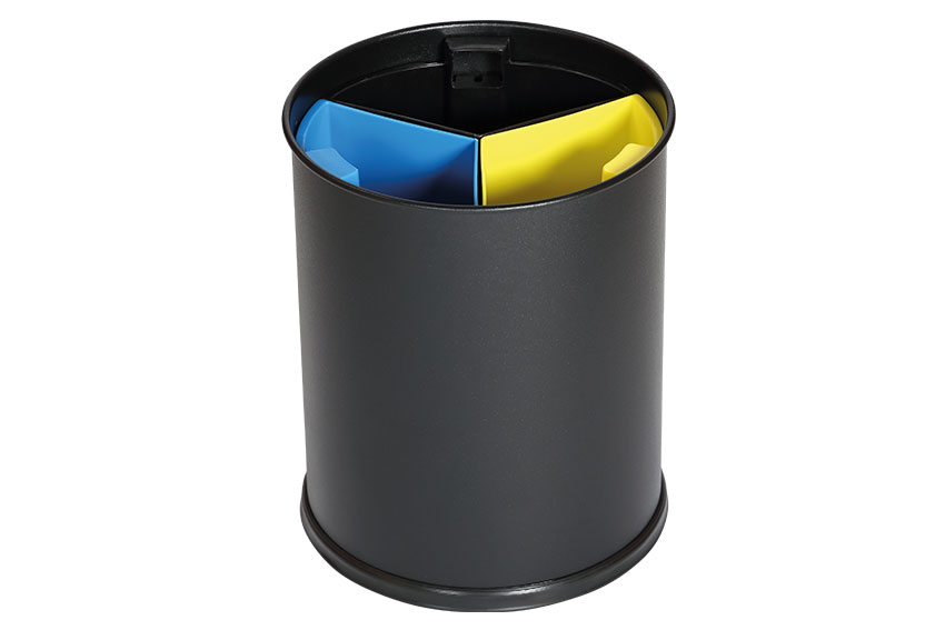 Round waste basket 13l - 3 compartiments - insert black/yellow/blue 3,3l 